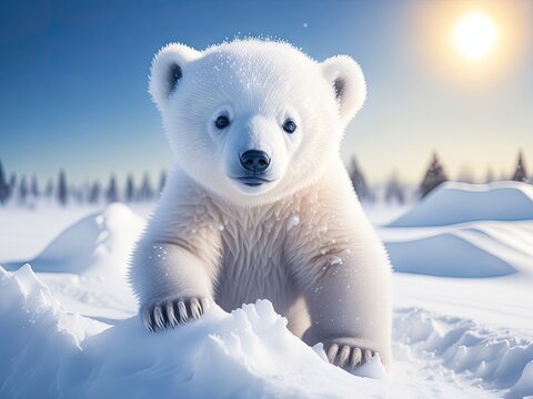 Cute baby polar bear in snow winter. ai generative