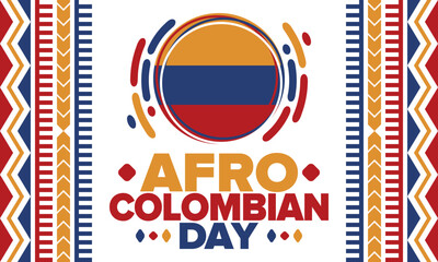 Fototapeta na wymiar Afro-Colombian Day in Colombia. Celebrate annual in May 21. Freedom day poster. National holiday. Colombian flag. Afro-Colombian culture, history and heritage. Tradition pattern. Vector illustration