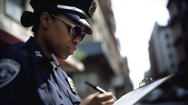 Police Officer Female African-American Young Adult Writing a ticket in Street. Generative AI AIG22.