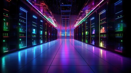 Fototapeta premium Illuminating the Future: Rows of Powerful Servers in a Visual Scene of Cloud Computing Data Center