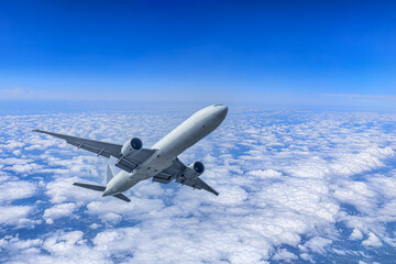 Commercial airplane flying in blue sky