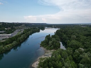 Aerial photography of both sides of the Saône River in Lyon, France