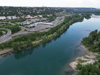 Aerial photography of both sides of the Saône River in Lyon, France