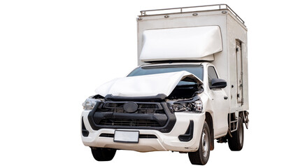 Full body Front view of white delivery  car get damaged by accident on the road. damaged cars after collision. Isolated on transparent background,PNG File