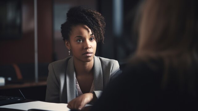 Salesperson Female African-American Young Adult Pitching to a client in Office. Generative AI AIG22.