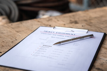 A ballpoint pen is placed on heavy equipment inspection and checklist form. Industrial safety working practive scene and object photo, close-up and selective focus at pen's part.