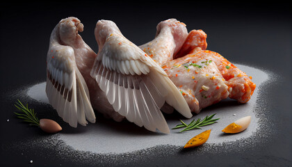 Raw chicken wings fowl meat with spices and salt, Generative AI