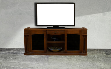 Television put on wood table in room
