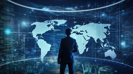 Businessman analyzing data graph, stock market, and calculating financial data for investment growth target, worldwide business strategy