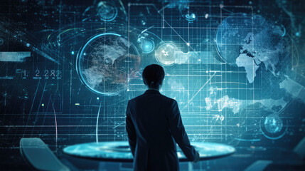 Businessman analyzing data graph, stock market, and calculating financial data for investment growth target, worldwide business strategy