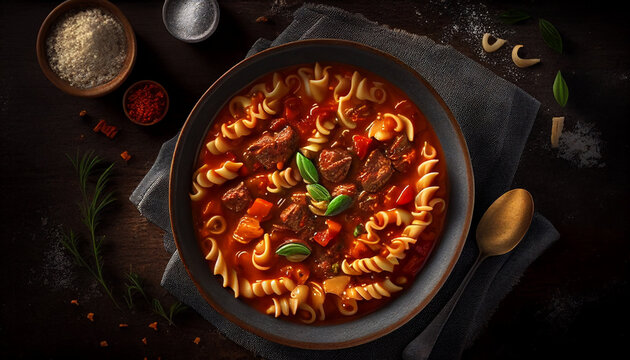 Top view of a stewed beef Hungarian goulash soup, Generative AI