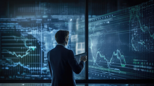 Businessman analyzing data graph, stock market, and calculating financial data for investment growth target, worldwide business strategy