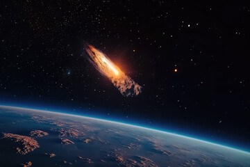 asteroid falls to the ground against a starry sky. AI - obrazy, fototapety, plakaty