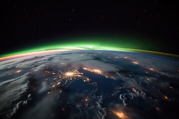 Northern lights on planet Earth. Starry sky with polar lights, Aurora borealis. AI