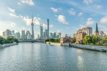Fototapeta na wymiar City skyscrapers and river in Shanghai, China