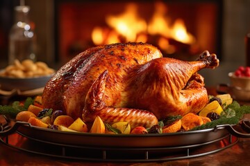 Roast turkey in the foreground on a festive table. Generative AI - obrazy, fototapety, plakaty