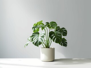Fresh Monstera deliciosa Tree Planted in a White Ceramic Pot, Isolated on a White Background - A Decorative Swiss Cheese Plant showcasing Large Glossy Green Leaves. AI Generative Image 