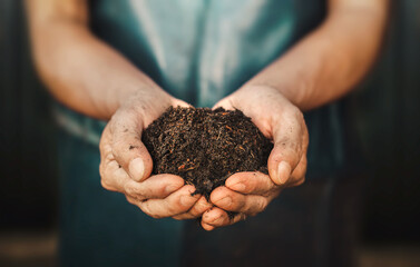 Hand of male holding soil in the hands for planting. Expert hand of farmer checking soil health...