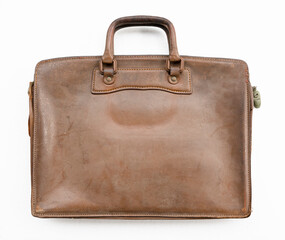 Old brown business bag on white background.