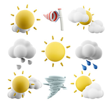 3d rendering sun with cloud, windsock, cloudly weather, sun and rays, cyclone icon set. 3d render weather concept icon set.
