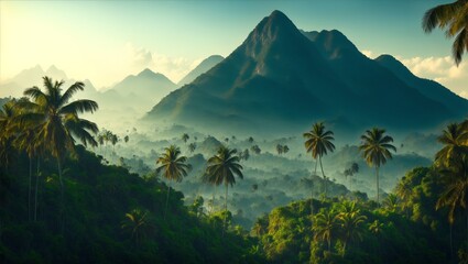 Mysterious jungle, palm trees and mountains at the top of hill with a mountain range around it, generative ai - obrazy, fototapety, plakaty