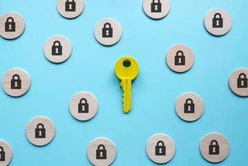 Security and protection concept. A yellow key among a padlock symbol.