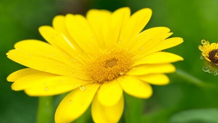 Obraz premium Yellow daisy with raindrops. Close up yellow flower in the rain. Macro flower in the rain. Yellow flowers with raindrops, generative ai