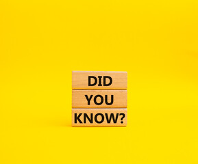 Did you know symbol. Wooden blocks with words Did you know. Beautiful yellow background. Business and Did you know concept. Copy space.