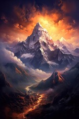 Sunrise over the mountains. AI generated art illustration.
