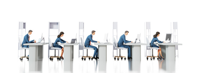 Business people working in office. People sitting by desks, analysing information. 3D rendering illustration