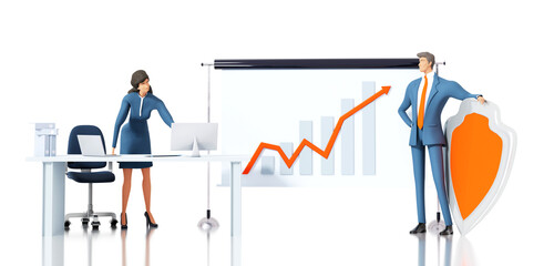 Successful businesswoman stays next to white screen which showing graphs and charts, making presentation, sharing information. 3D rendering illustration