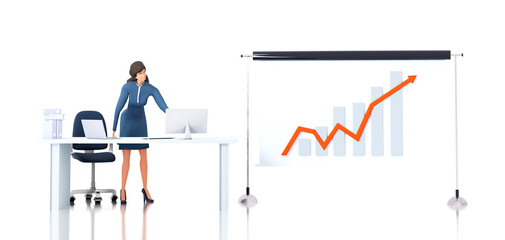 Successful businesswoman stays next to white screen which showing graphs and charts, making presentation, sharing information. 3D rendering illustration