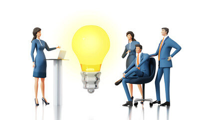 Group of business people collaborating on a project, talking and sharing ideas. People stay next to light bulb. 3D rendering illustration
