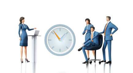 Group of business people collaborating on a project, talking and sharing ideas. People stay next to big clock. 3D rendering illustration