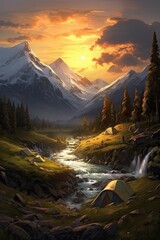 Sunset over the river. AI generated art illustration.