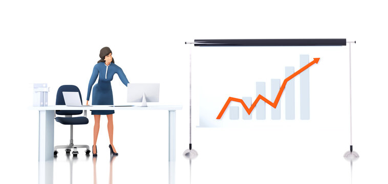 Successful businesswoman stays next to white screen which showing graphs and charts, making presentation, sharing information. 3D rendering illustration