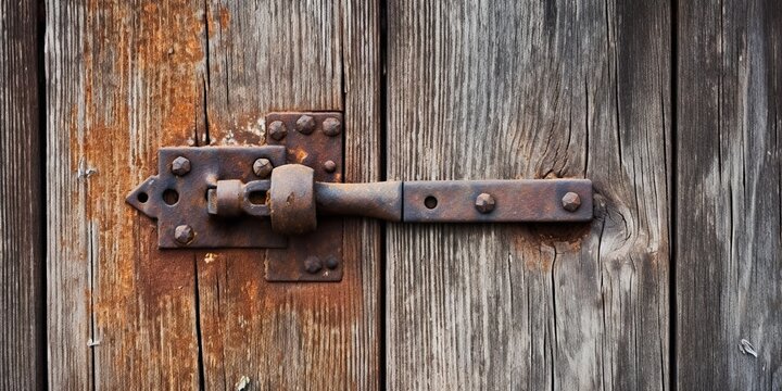 Old rusty hinge on a wooden door , concept of Decay, created with Generative AI technology