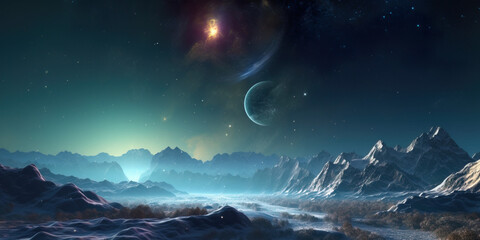Stunning Night extraterrestrial scene. Huge mountains against Starry sky. Fantasy landscape. Alien planet. Photorealistic Generative AI illustration.	
