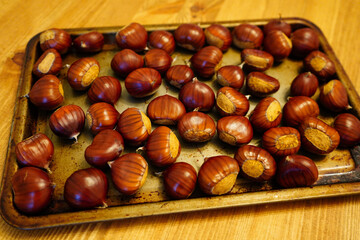 uncooked chestnuts on a metal baking tray