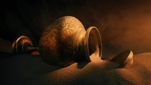 Ancient Vase In Cave Lit Up At Sunset With Particles Swirling
