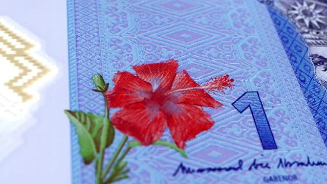 Malaysia Malaysian Ringgit 1 Banknotes, One Malaysian Ringgit, Close-up and macro view of the Malaysian Ringgit, Tracking and Dolly Shots 1 Malaysian Ringgit banknote Observe and Reserve