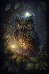 Owl sitting on a branch. AI generated art illustration.