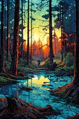 Obraz na płótnie Canvas Sunset in the forest. AI generated art illustration.