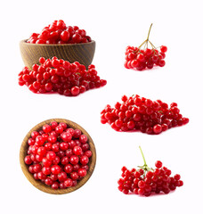 Berries viburnum in a bowl. Viburnum isolated on white background. A bunch of Kalina at different angles. Berries isolated on white background. Ripe viburnum close-up. Top view and front view.