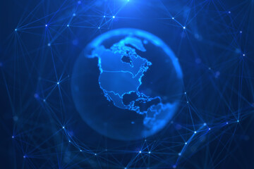 Blue holographic globe with nodes connected around earth. Concept of global network connection, communication technology, fintech, data exchange, worldwide exchange of information and online banking.