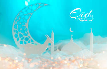 Beautiful Crescent moon shape with Mosque and goat, Eid Mubarak and Eid al adha concept image