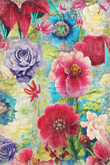 Vintage style colored flowers painting background.