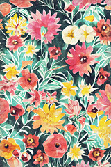 Vintage style colored flowers painting background.