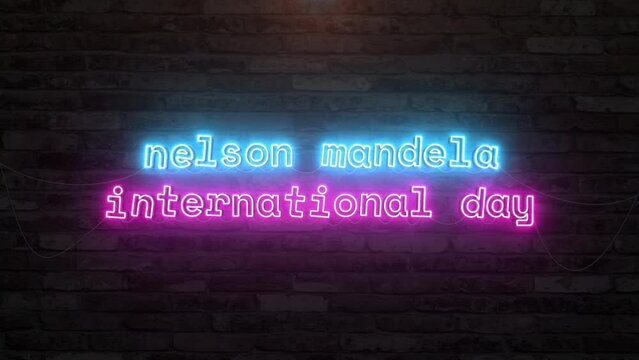 Nelson mandela international day with neon text effect in wall background. Seamless looping video