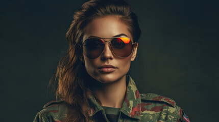Young woman soldier in camouflage uniform created with generative AI technology
